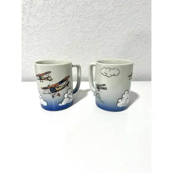Vintage Otagiri Coffee Mugs Ceramic Biplane Design Clouds Collectible Set of 2 - Picture 6 of 9